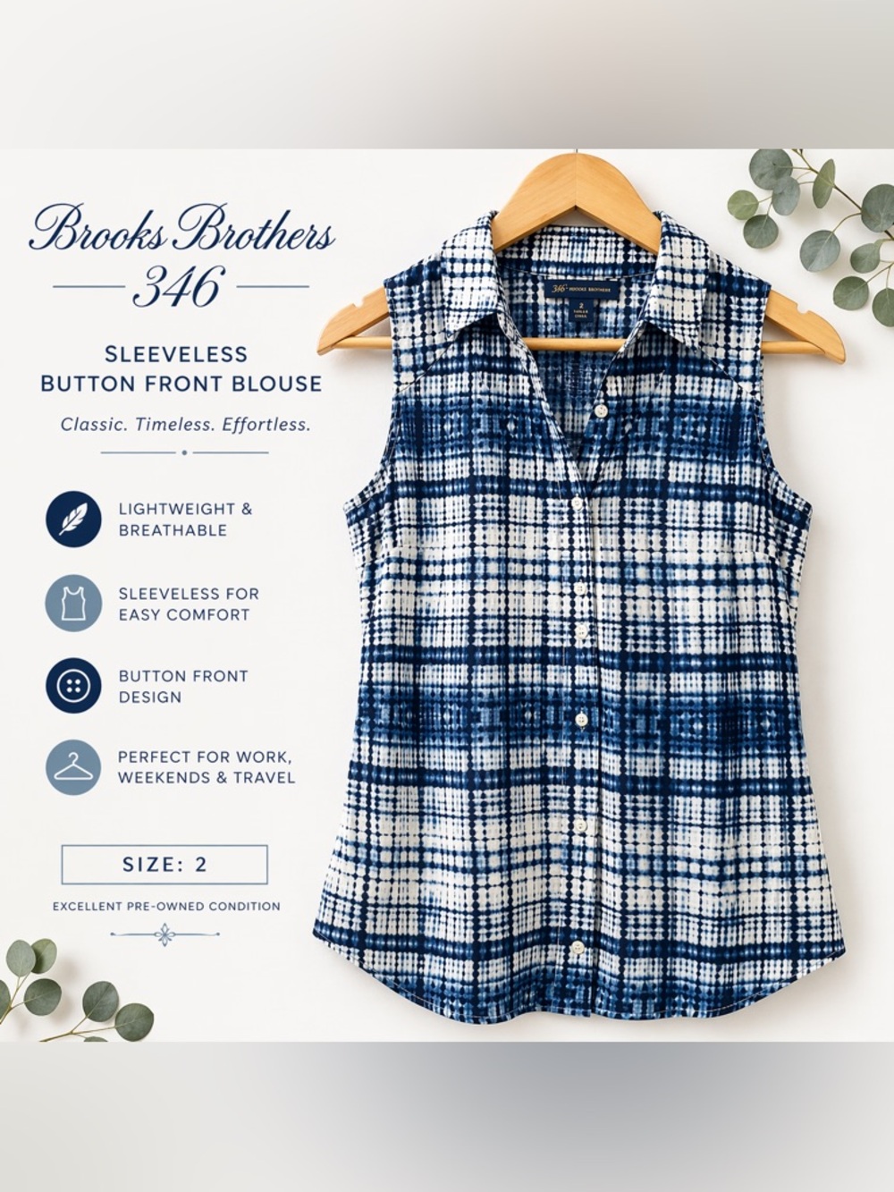 Brooks Brothers 346 Sleeveless Blouse Size 2 Blue Tie Dye Button Front Top